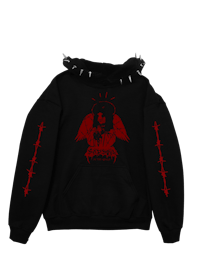 a black hoodie with a red skull and crossbones on it