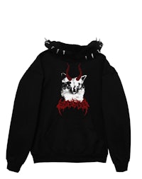 a black hoodie with an image of a cat with horns