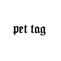 a black and white image of the word pet tag